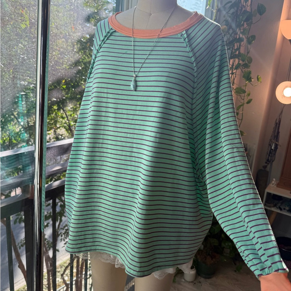 Fantastic Fawn Oversized Striped Raglan 🍑 Mint × Plum × Peach • Size S